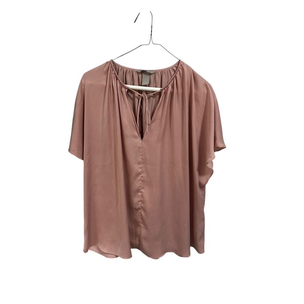 H&M Blouse Top Tie Neck Short Sleeve Flowy Casual Pink Size L‎
